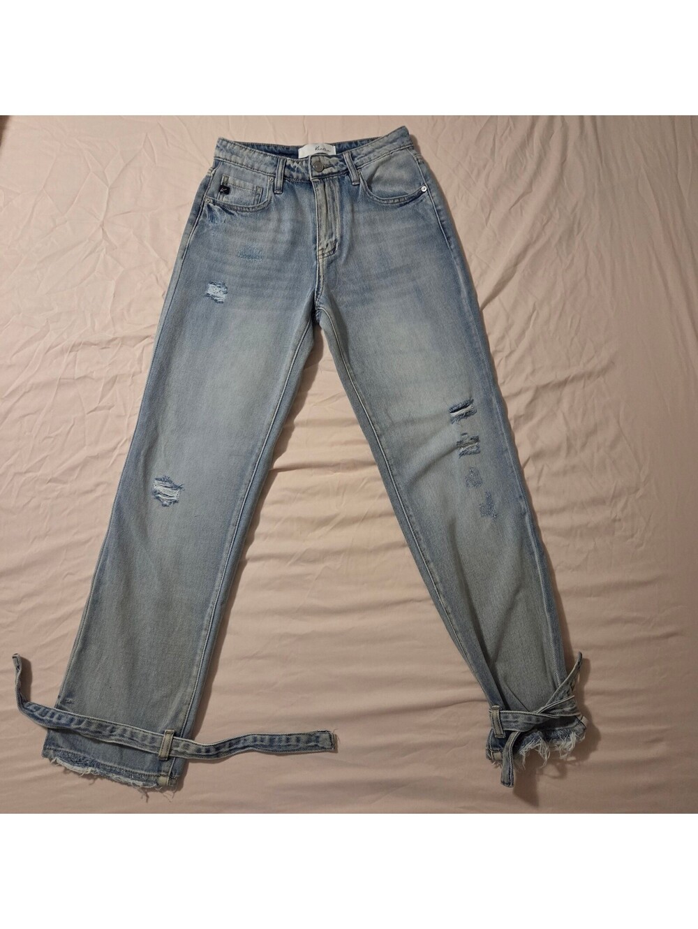 KanCan Light Wash Distressed Straight Leg Jeans with Ankle Ties